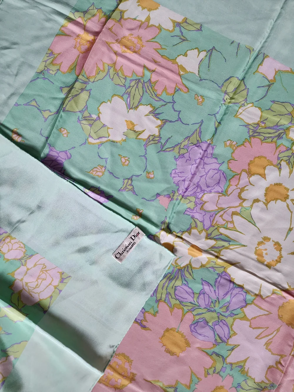 Auth Dior Pastel Floral Silk Scarf - Mint, Pink & White